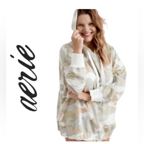 Aerie Size Small Oversized Sun Washed Dessert Camo Hoodie Sweatshirt Green Boho - Picture 1 of 9
